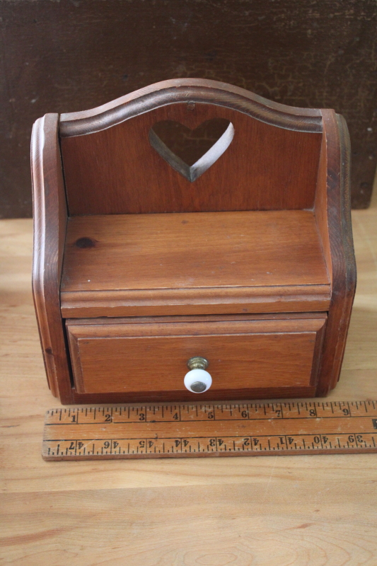 photo of vintage wood wall box heart cutout shelf w/ tiny drawer, kitchen spice rack or grandmacore decor  #5
