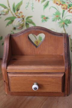catalog photo of vintage wood wall box heart cutout shelf w/ tiny drawer, kitchen spice rack or grandmacore decor 