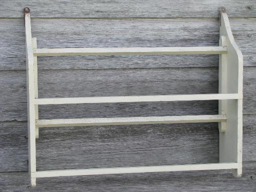 photo of vintage wood wall rack for herb drying or towel bar, old country white paint #3