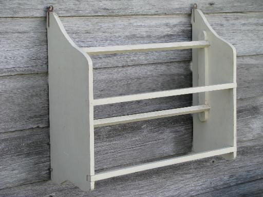 photo of vintage wood wall rack for herb drying or towel bar, old country white paint #4