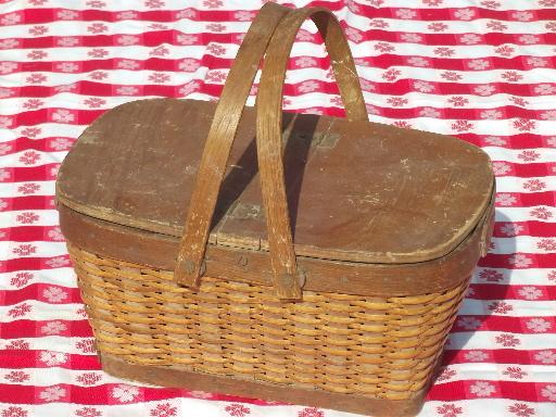 photo of vintage wood wicker picnic hamper, basket w/ handles toy doll child size #1