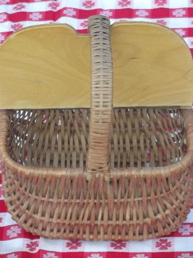 photo of vintage wood wicker picnic hamper, basket w/ handles toy doll child size #2
