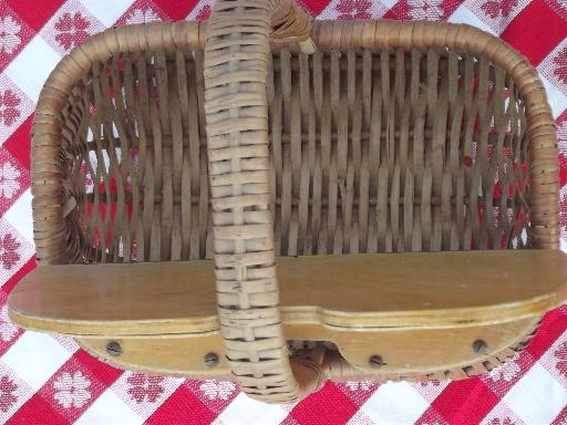 photo of vintage wood wicker picnic hamper, basket w/ handles toy doll child size #6