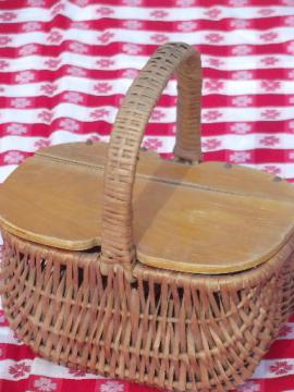 catalog photo of vintage wood wicker picnic hamper, basket w/ handles toy doll child size