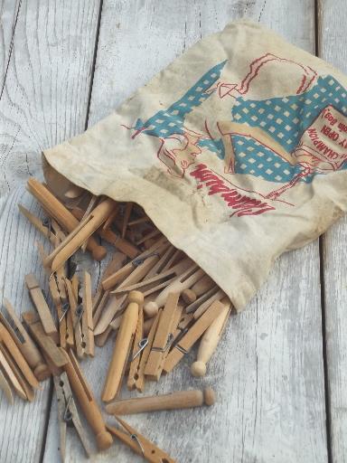 photo of vintage wooden clothespins in old print cotton clothespin bag #1