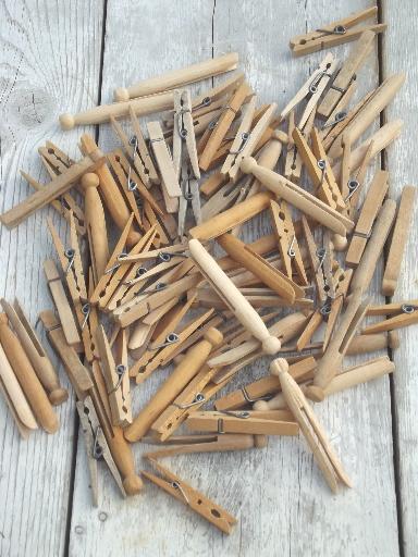 photo of vintage wooden clothespins in old print cotton clothespin bag #2