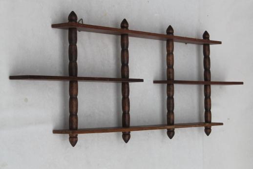 photo of vintage wooden display shelves for miniatures & tiny collectibles, mid-century wall shelf grouping #3