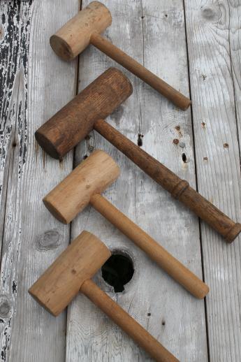 photo of vintage wooden mallets, collection of large wood hammers or gavels #1