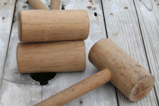 photo of vintage wooden mallets, collection of large wood hammers or gavels #4