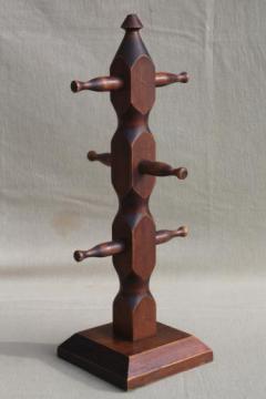 catalog photo of vintage wooden mug tree / cup holder rack, solid pine wood display stand 