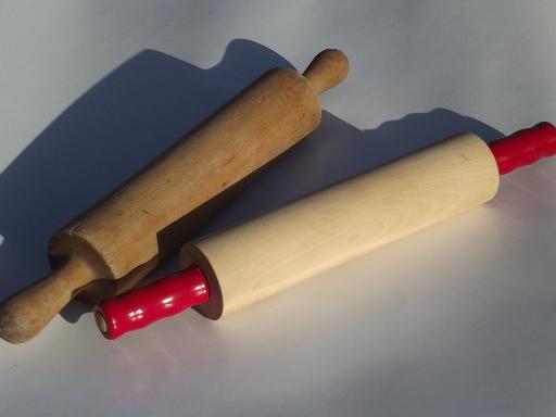 photo of vintage wooden rolling pins lot, rolling pin w/ old red paint wood handles #1