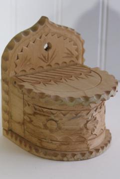 catalog photo of vintage wooden salt box, Swiss chip carved pine wood wall mount box w/ hinged lid