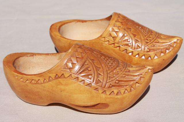 photo of vintage wooden shoes, dutch klompen wood clogs w/ hand carved chip carving #3