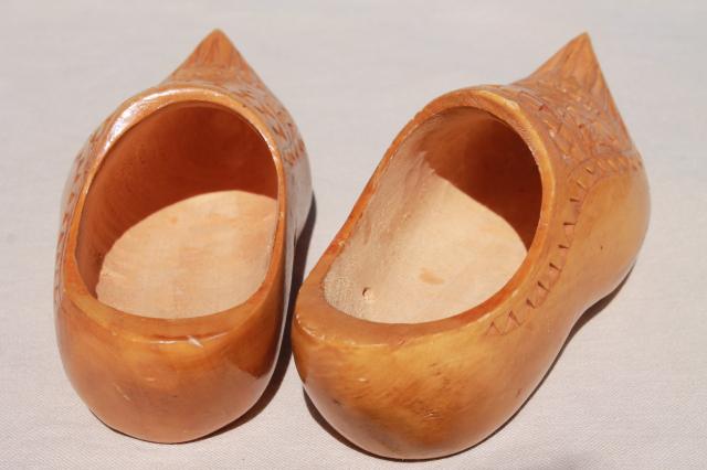 photo of vintage wooden shoes, dutch klompen wood clogs w/ hand carved chip carving #4