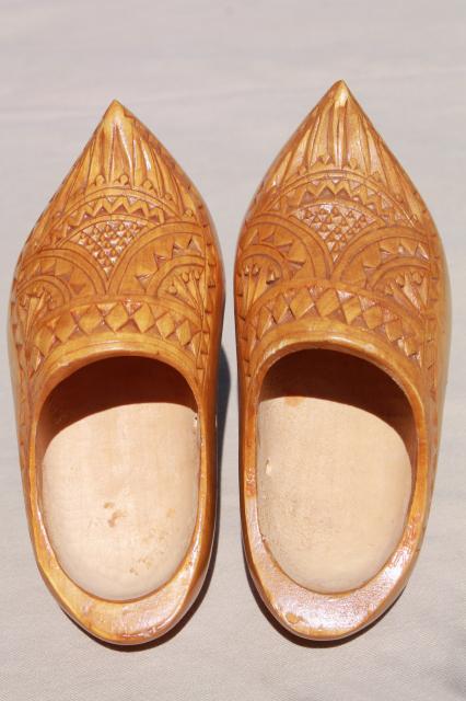 photo of vintage wooden shoes, dutch klompen wood clogs w/ hand carved chip carving #6