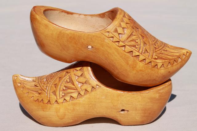 photo of vintage wooden shoes, dutch klompen wood clogs w/ hand carved chip carving #7