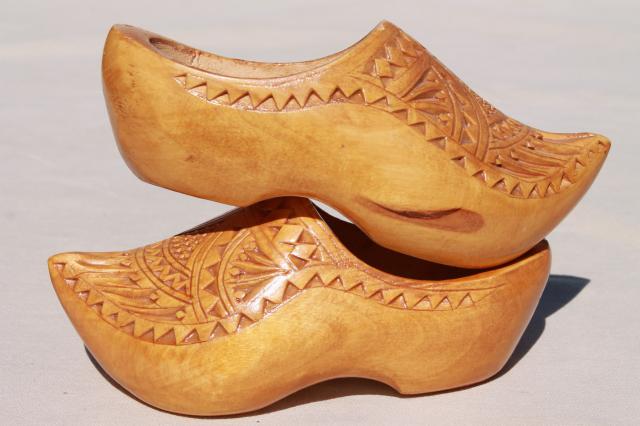 photo of vintage wooden shoes, dutch klompen wood clogs w/ hand carved chip carving #8