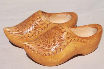 catalog photo of vintage wooden shoes, dutch klompen wood clogs w/ hand carved chip carving