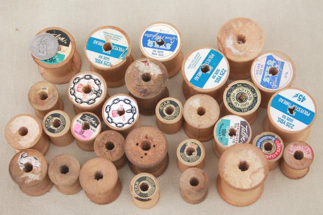 photo of vintage wooden spools from sewing thread, empty reels / bobbins, wood spool lot #4