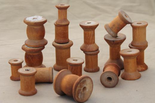 photo of vintage wooden spools, old sewing thread spools, primitive wood spool lot #2