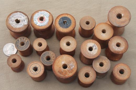 photo of vintage wooden spools, old sewing thread spools, primitive wood spool lot #3