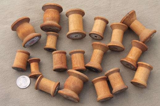 photo of vintage wooden spools, old sewing thread spools, primitive wood spool lot #4