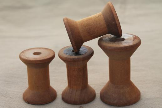 photo of vintage wooden spools, old sewing thread spools, primitive wood spool lot #5