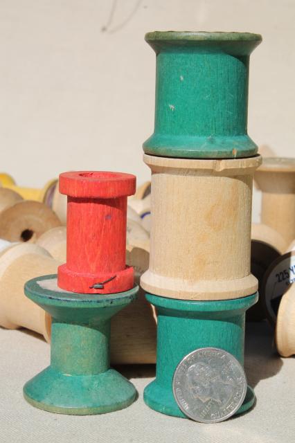 photo of vintage wooden spools w/ some old labels, old sewing thread spools, primitive wood spool lot #3