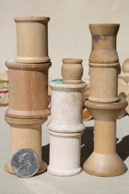 photo of vintage wooden spools w/ some old labels, old sewing thread spools, primitive wood spool lot #5