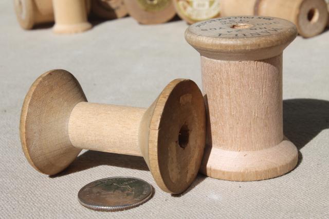 photo of vintage wooden spools w/ some old labels, old sewing thread spools, primitive wood spool lot #7