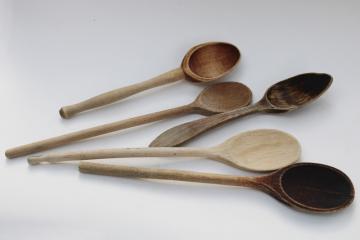 catalog photo of vintage wooden spoons, primitive old spoon collection farmhouse kitchen utensils