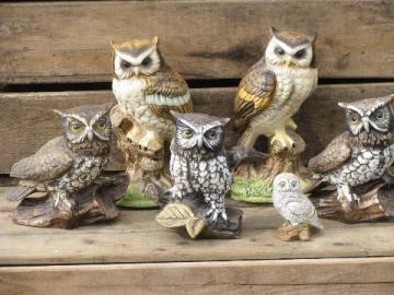 catalog photo of vintage woodland owl figurine collection, lot retro 70s porcelain owls