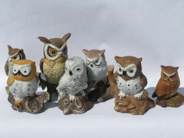 catalog photo of vintage woodland owl figurine collection, lot retro 70s porcelain owls