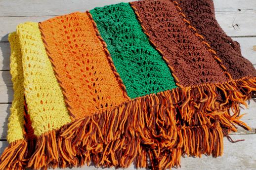 photo of vintage wool afghan, handmade knitted lace blanket in fall colored wool yarn #1