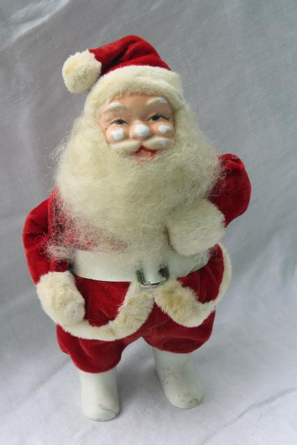 photo of vintage wool beard Santa poseable standing doll painted face red velvet suit #1