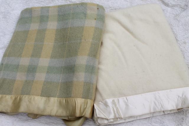 photo of vintage wool bed blankets, natural ivory wool & wool plaid blankets #1