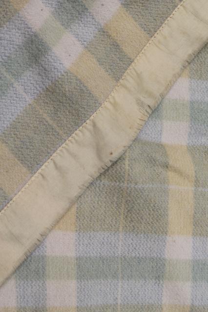 photo of vintage wool bed blankets, natural ivory wool & wool plaid blankets #7