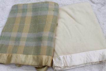 catalog photo of vintage wool bed blankets, natural ivory wool & wool plaid blankets