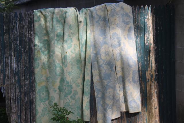 photo of vintage wool blanket cutter fabric, reversible all over tapestry floral poppies green & blue #1