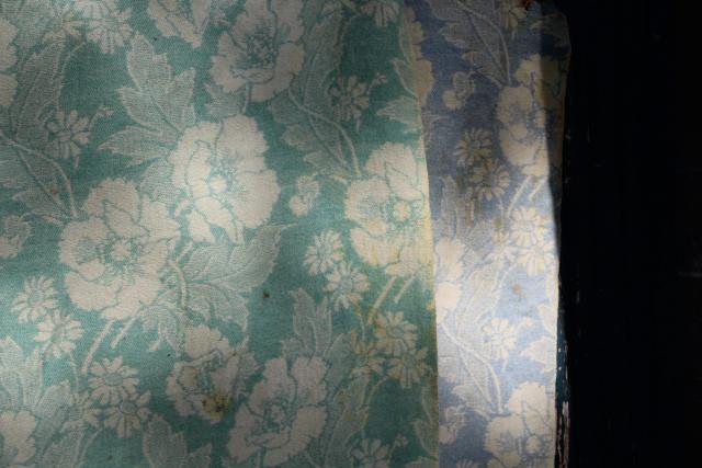 photo of vintage wool blanket cutter fabric, reversible all over tapestry floral poppies green & blue #9