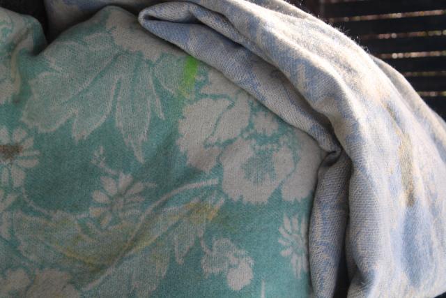 photo of vintage wool blanket cutter fabric, reversible all over tapestry floral poppies green & blue #10