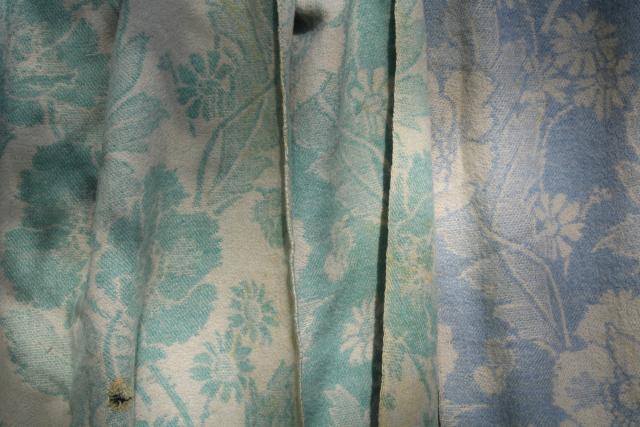 photo of vintage wool blanket cutter fabric, reversible all over tapestry floral poppies green & blue #12