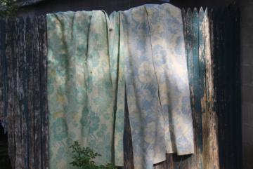 catalog photo of vintage wool blanket cutter fabric, reversible all over tapestry floral poppies green & blue