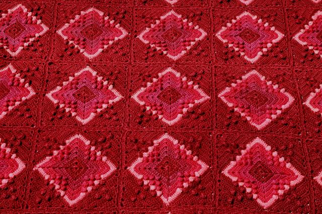 photo of vintage wool blanket granny square crochet afghan, burgundy wine cranberry pink colors #1