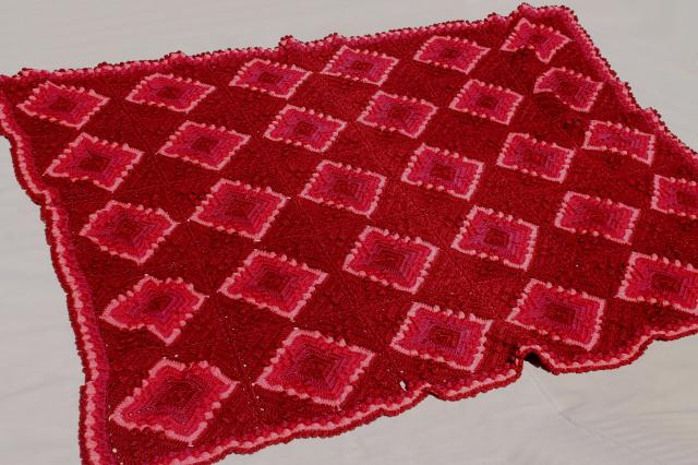 photo of vintage wool blanket granny square crochet afghan, burgundy wine cranberry pink colors #2