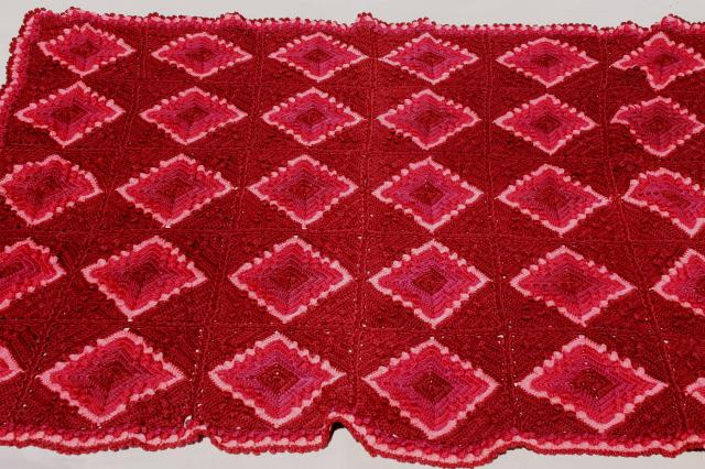 photo of vintage wool blanket granny square crochet afghan, burgundy wine cranberry pink colors #3