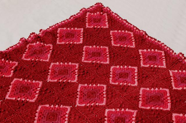 photo of vintage wool blanket granny square crochet afghan, burgundy wine cranberry pink colors #4