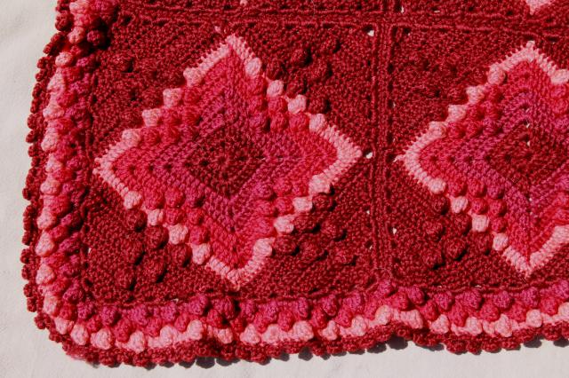 photo of vintage wool blanket granny square crochet afghan, burgundy wine cranberry pink colors #5