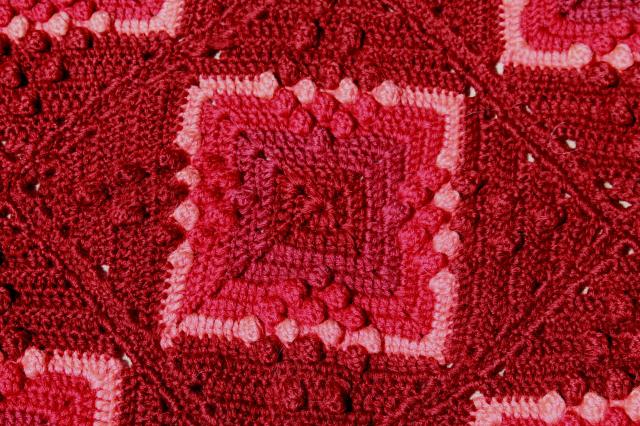 photo of vintage wool blanket granny square crochet afghan, burgundy wine cranberry pink colors #6