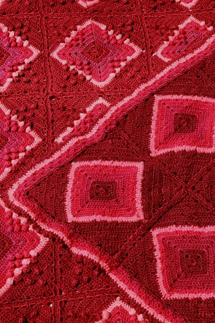 photo of vintage wool blanket granny square crochet afghan, burgundy wine cranberry pink colors #7